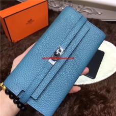 Hermes Kelly Portemonnee Togo Leer Blauw