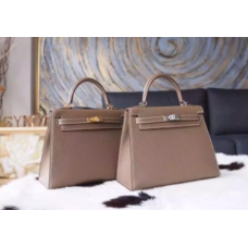 Hermes Kelly 25cm Epsom Kalfsleren Tas Handgestikte Palladium Hardware, Etoupe CK18 RS03907