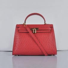 Hermes Kelly 32cm Struisvogelader 6108 Rood Goud