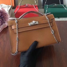 Hermes Mini Kelly 22cm Epsom Leer Camel Zilver Met Kettingriem