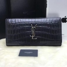 YSL Clutch 27cm Croco Leer Zwart Zilver
