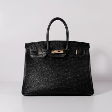Hermes Birkin 35cm struisvogel lederen tas zwart goud