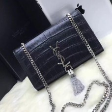 YSL Tassel Chain Bag 22cm Croco Zwart Zilver
