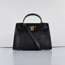 Hermes Kelly 32cm Struisvogelader 6108 Zwart Goud
