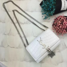 YSL Tassel Chain Bag 17cm Croco Wit Zilver