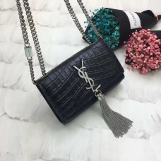 YSL Tassel Chain Bag 17cm Croco Zwart Zilver