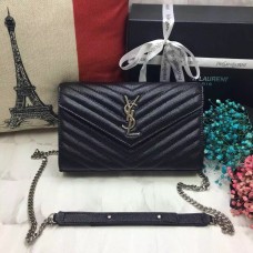 YSL Envelop Tas Kaviaar Leer Zwart Zilver Ketting 23cm